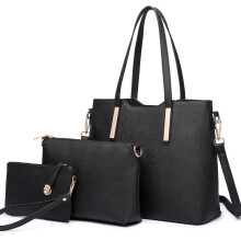 (Black) [MissLulu Bags] Three Piece Tote Shoulder Handbag and Clutch Set - Premium Quality Textured PU Leather