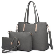 (Dark Grey) [MissLulu Bags] Three Piece Tote Shoulder Handbag and Clutch Set - Premium Quality Textured PU Leather