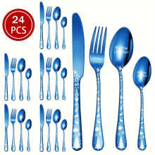 (Blue, 24pcs-6 servings) Merry Christmas Stainless Steel Flatware Set - Includes Dining Knife, Fork, Spoon & Dessert Spoon with Festive Snowflake Design