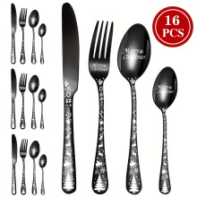 (Black, 16pcs-4 servings) Merry Christmas Stainless Steel Flatware Set - Includes Dining Knife, Fork, Spoon & Dessert Spoon with Festive Snowflake Design