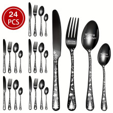 (Black, 24pcs-6 servings) Merry Christmas Stainless Steel Flatware Set - Includes Dining Knife, Fork, Spoon & Dessert Spoon with Festive Snowflake Design
