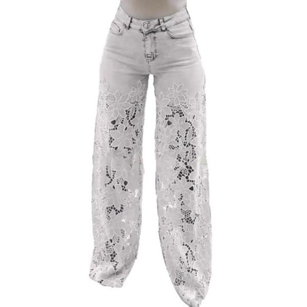 (white, M) Women's Lace Patchwork Jeans Casual Baggy Straight Wide Leg Denim Pants Mid Waist Floral Hollow Out Jeans-image-OPC-PKGRY7N-NEW