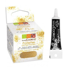 Paillettes alimentares douradas + Caneta de glacê preta