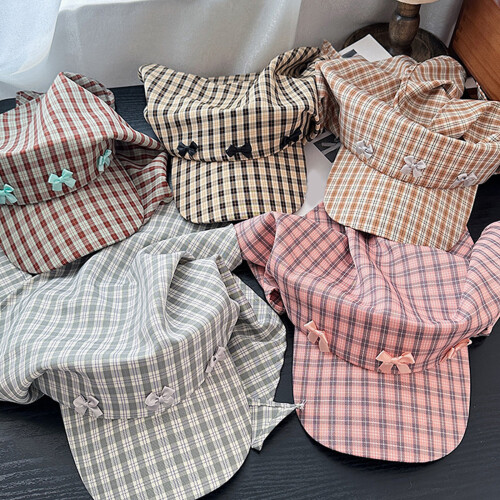 Classical Sun Hat Wide Brimmed Baseball Hat-Pink plaid pink bow 1
