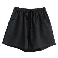 (S, Black) Women Drawstring Elastic High Waist Shorts Solid Wide Leg Pockets Short Pants White XL