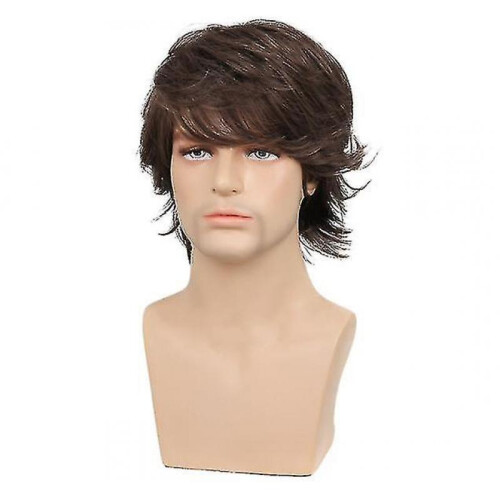 Men's Short Hair Outward Brown Wigs Fluffy Partial Long Bangs Wig Halloween Performance Dance Props 2
