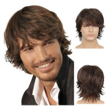 Men's Short Hair Outward Brown Wigs Fluffy Partial Long Bangs Wig Halloween Performance Dance Props