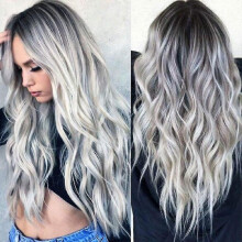 28"ombre Wig Silver Gray Long Wavy Wigs Heat Resistant Synthetic Natur