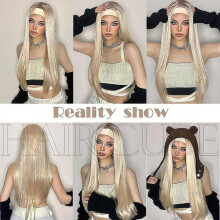 European And American Style Ladies Silk Light Blonde Hairband Wigs Long Straight Hair Wigs for Daily Use
