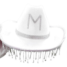 (White) Summer Cowgirl Hat Bride Wedding Photo Costume Props Outdoor Wedding Woman Girl Hat with Dangle Rhinestone Fringe White