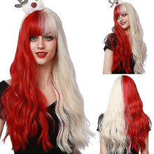 Long Wavy Wigs with Bangs Red Blonde Wig for Women, Heat Resistant Fiber Synthetic Wigs for Daily/ Party/ Cosplay (24 Inch)
