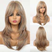 Synthetic Wigs Long Natural Wavy Wig Highlight Blonde Golden Layered Hair with Side Bangs for Women Heat Resistant Fiber
