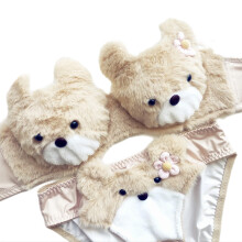 Funny Bear Underwear Set Faux Furs Bra Top and-Coffee color XL