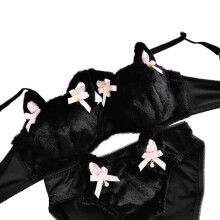 Funny Cats Underwear Set Faux Furs Bra Top and Panty-Black XL