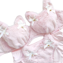 Womens Lolitas 2pcs Plush Bra Panty Set Cute Cats Faux-Pink XL