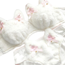 Women Cartoon Plush Bra Panty Set Funny Cats Bra-White XL