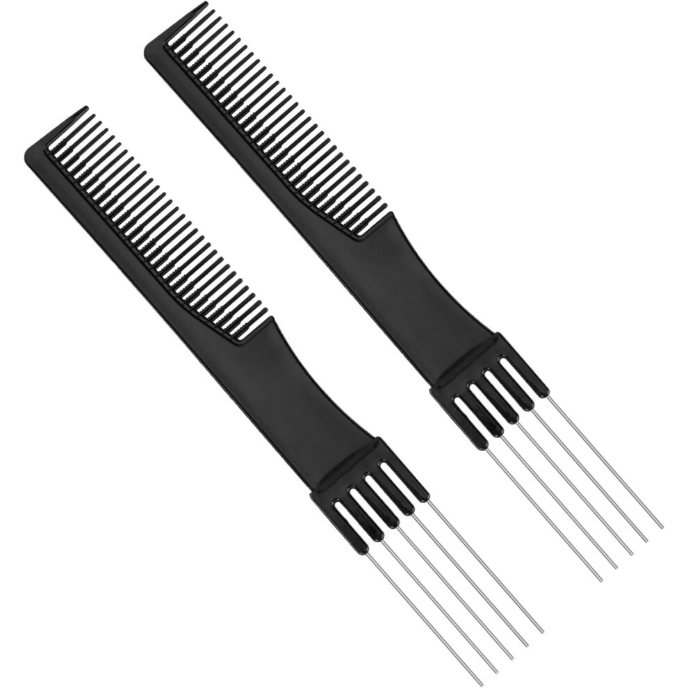 Unisex Black Pick Combs 2-Piece Set: Double-Head Teasing Comb With Metal Prong Lift, Fine-Tooth Back Comb For Hairdressing Sectioning