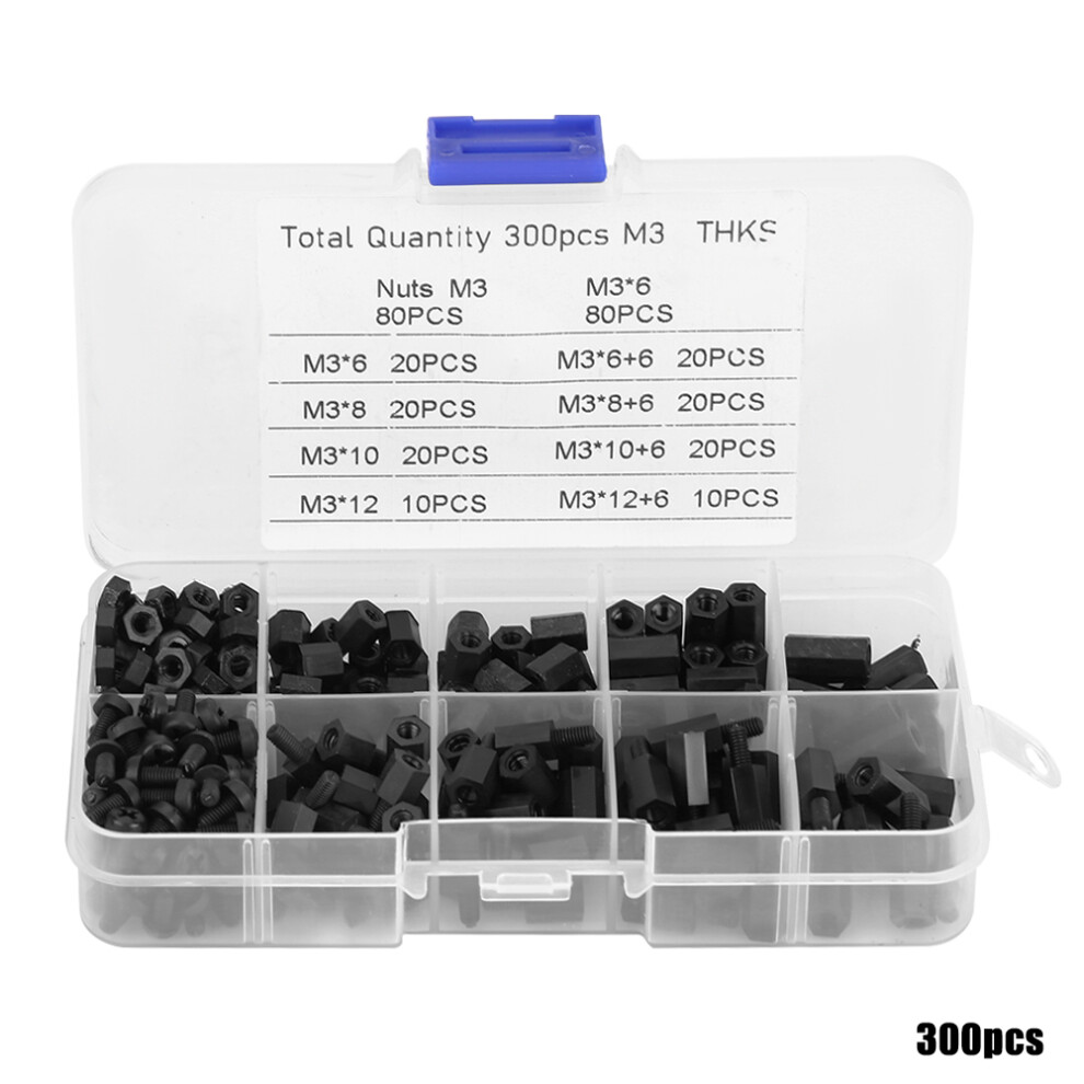 300Pcs M3 Male Female Standoffs Screws Nuts Black