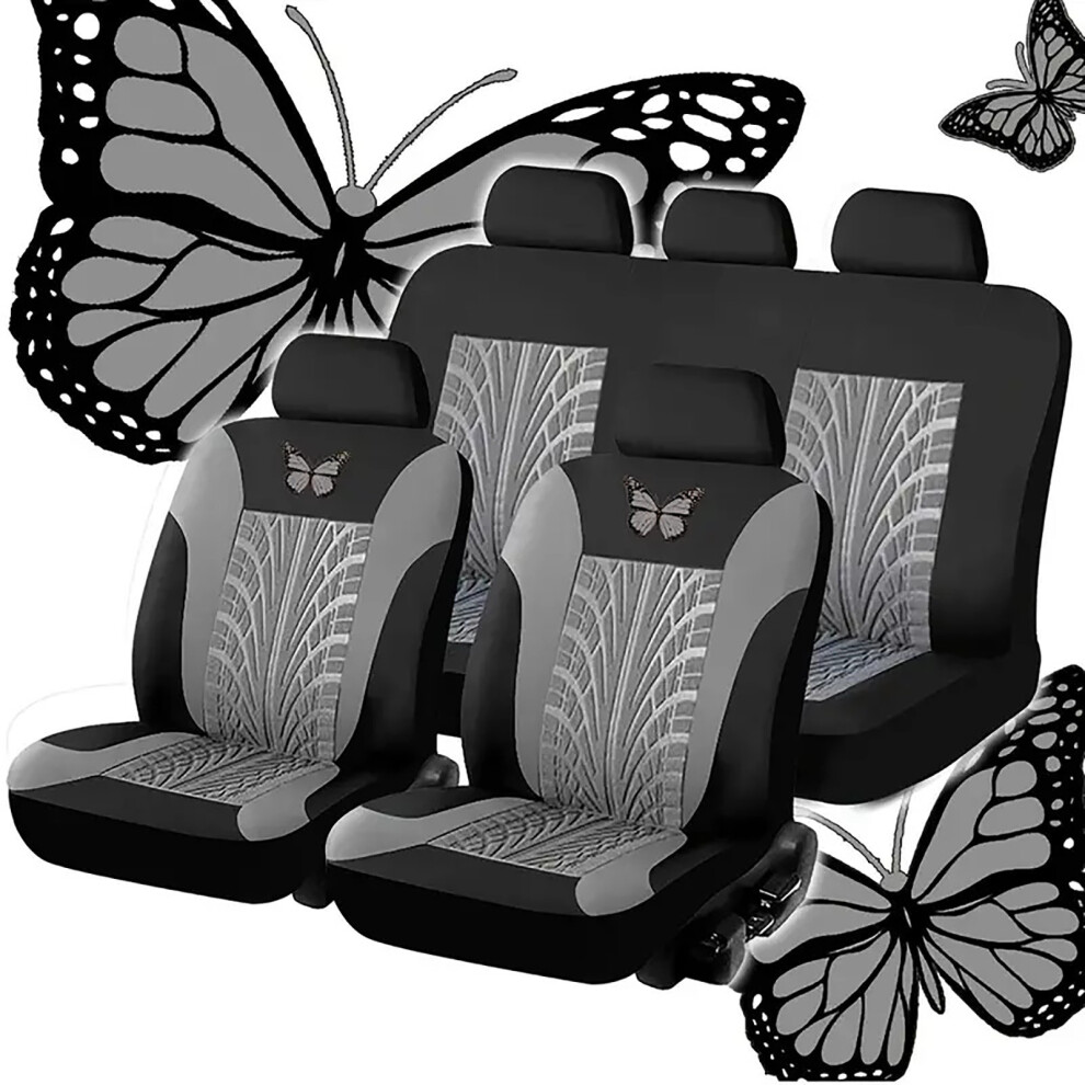 (Gray) Full Set Of Car Seat Covers, Universal Embroidered Car Seat Cover Set Gray 4224018639236