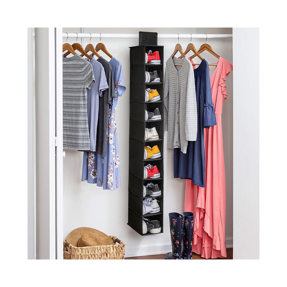 (Black) 10 Pockets Non-woven Fabric-proof Shoe Clothes Hanging Storage Rack Shelf Door Wardrobe Hanger Organizer 15cm Wide-image-OPC-PKGW6SS-NEW