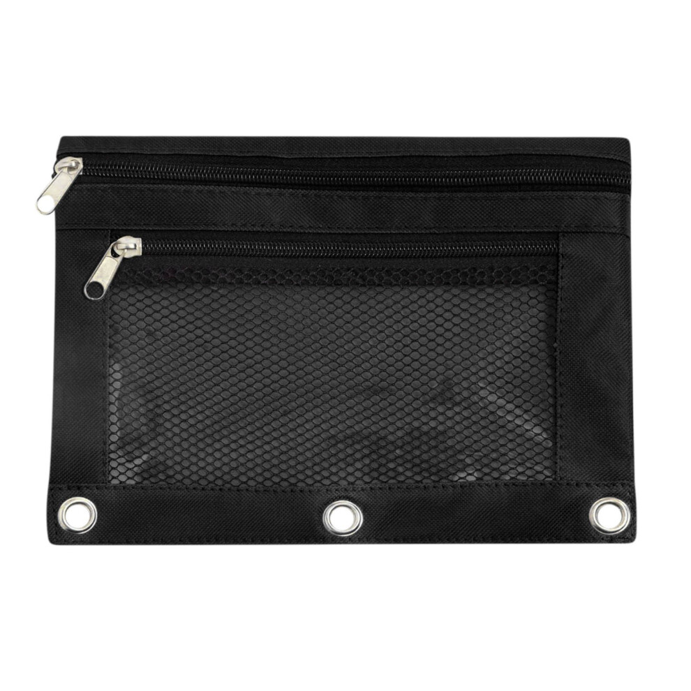 (Black) Pencil Pouch 3 Ring Zipper Pencil Pouches Case Binder Cosmetic Bag-image-OPC-PKGWJSN-NEW