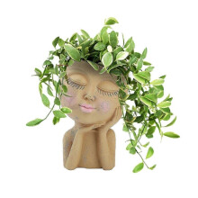 (beige) Girls Face Flower Planter Pot Human Face Head Creative Flower Planter Room Decor