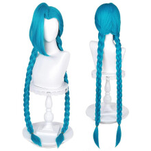 Long Blue Braided Compatible with Jinx Cosplay with Bangs Anime Game Hair with Braids Pigtails Compatible with Women Girls Include Cap (43