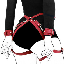 Sex Handcuffs Thigh Strap Bondage Set, PU Leather Wrist And Leg Cuffs, Adjustable BDSM Harness, Red For Adults