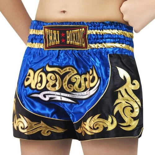 Short Enfant - THAI Boxe Kickboxing - Couleur Bleu - Taille 12-14 ANS - 100% Satin Polyester