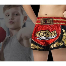 Korte Enfant Muay Thai - Rood - Maat 12-14 jaar - 100% Satijn Polyester - Boksen Kickboksen