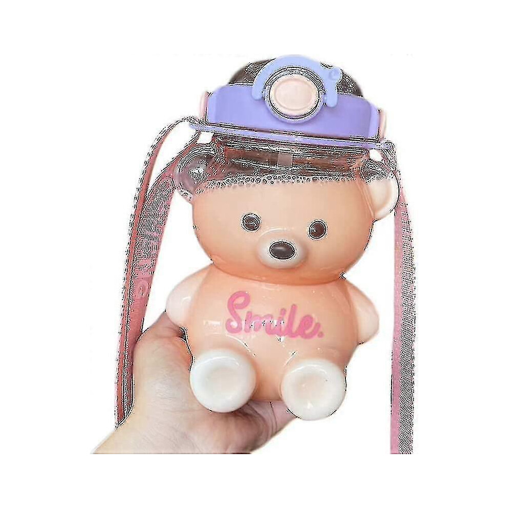 (1000Ml - ) Kawaii Bear Water Bottle With Straw - Leakproof, Adjustable Shoulder Strap Pink