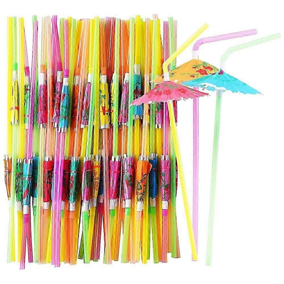 Pack of 150 colorful, disposable, bendable umbrella straws, ideal for beach-themed parties, bars, cocktails and decoration.