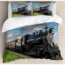 (220 x 230 cm) Bettwäsche-Set mit Dampflokomotive und Zug, Mikrofaser, 1 Bettbezug und 1/2 Kissenbezüge