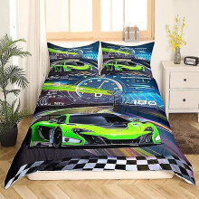 (140x210cm-e) Set di biancheria da letto per bambini con auto da corsa, copripiumino per auto sportive