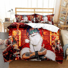 (220 x 240 cm-E) Weihnachts-Bettwäsche-Set mit Weihnachtsmann-Motiv, Mikrofaser, 1 Bettbezug und 1/2