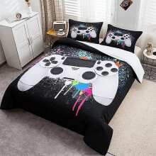 (220x260cm) Parure de lit avec housse de couette et taies d'oreiller, motif manette de jeu pour enfants