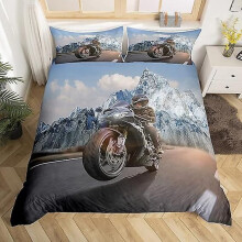 (180 x 210 cm-C) Dirtbike-Bettbezug für Kinder, Jungen und Teenager, Grunge-Bike-Fahrer-Bettwäsche-Set,