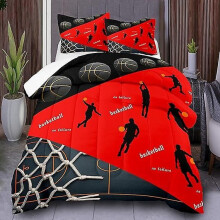 (225x225cm)Parure de lit en microfibre motif basketball : 1 housse de couette et 1/2 taie d’oreiller