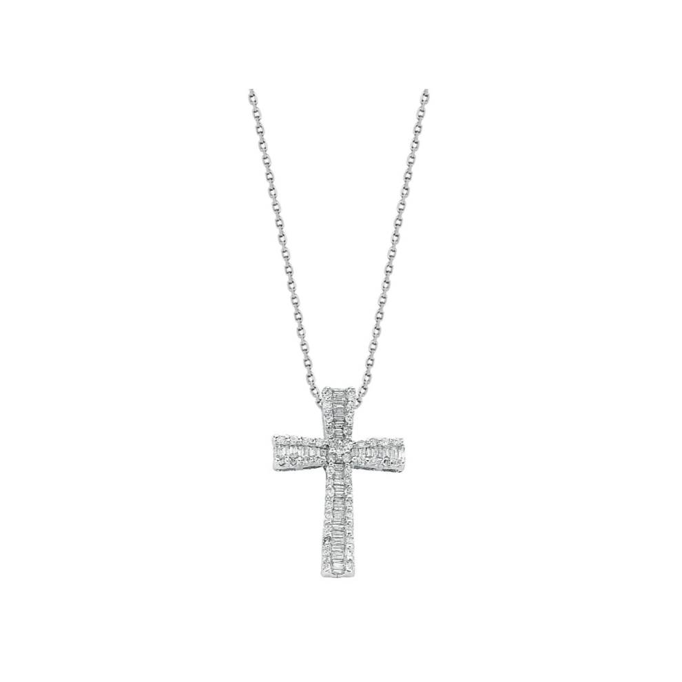 9ct White Gold 0.50ct Brilliant & Baguette Cut Diamond Cross Pendant 18in Chain-image-OPC-PKH6KBC-NEW