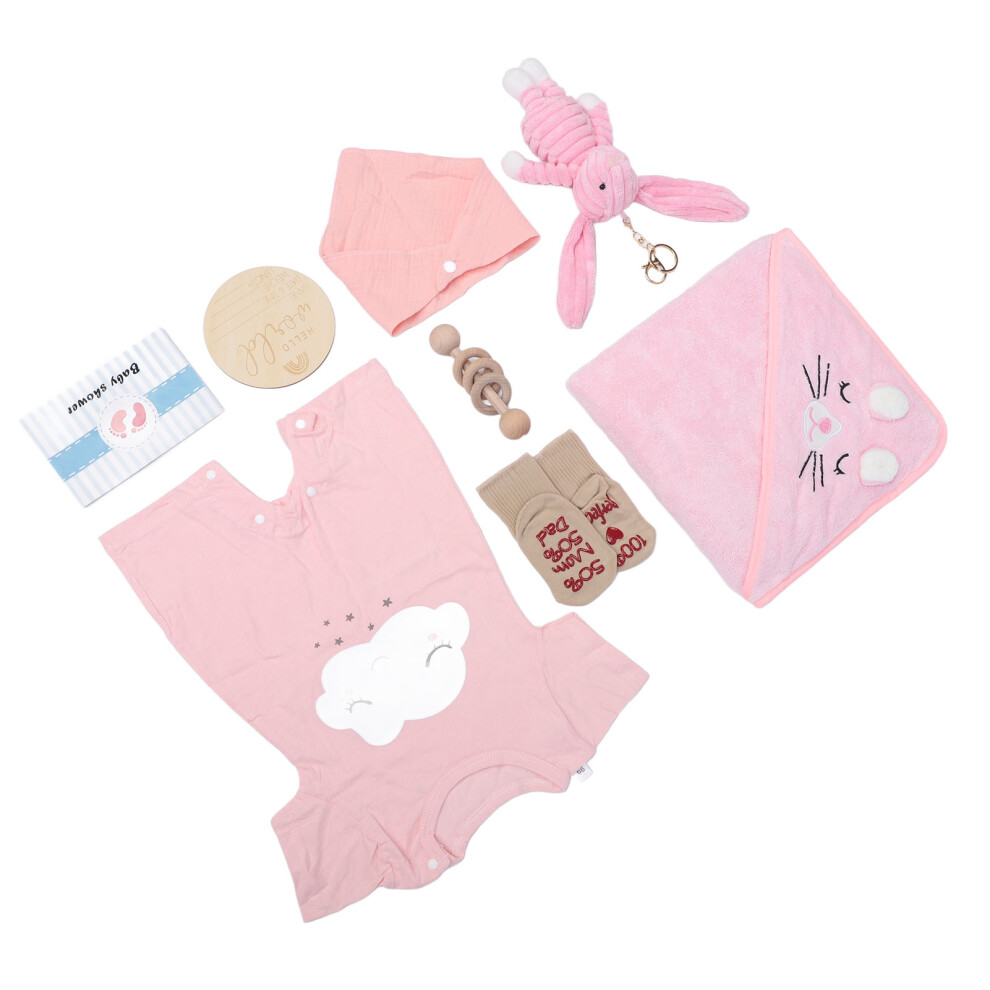 Cute Baby Shower Gift Basket With Clothes, Doll, Rattle, Bibs, Socks, Pink