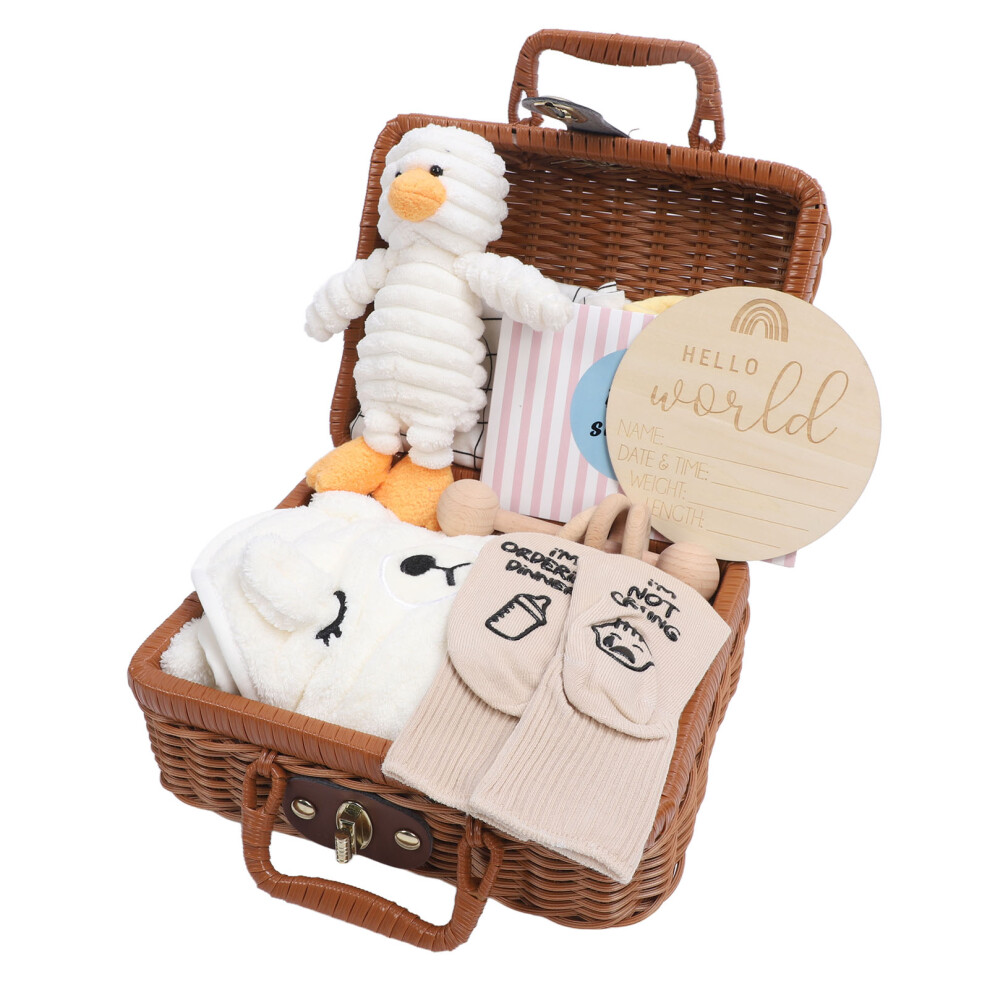 Newborn Essentials Gift Basket: Cute Doll Wooden Rattle Set White