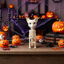 Spooky Cat Skeleton Figurine Bone Statue for Halloween Decor