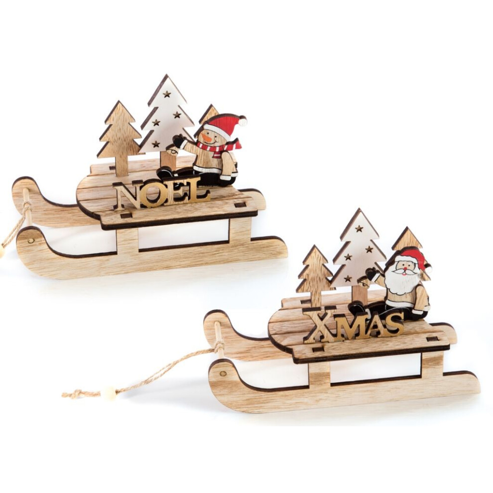 Premier - Wooden Sleigh Santa Snowman Noel - 19Cm