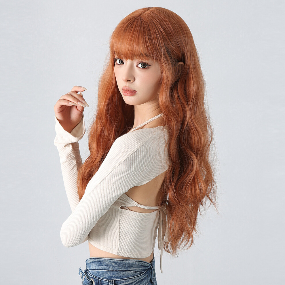 Unisex Women's 26-Inch Long Curly Wig With Bangs, Synthetic Fiber, Adjustable Fit