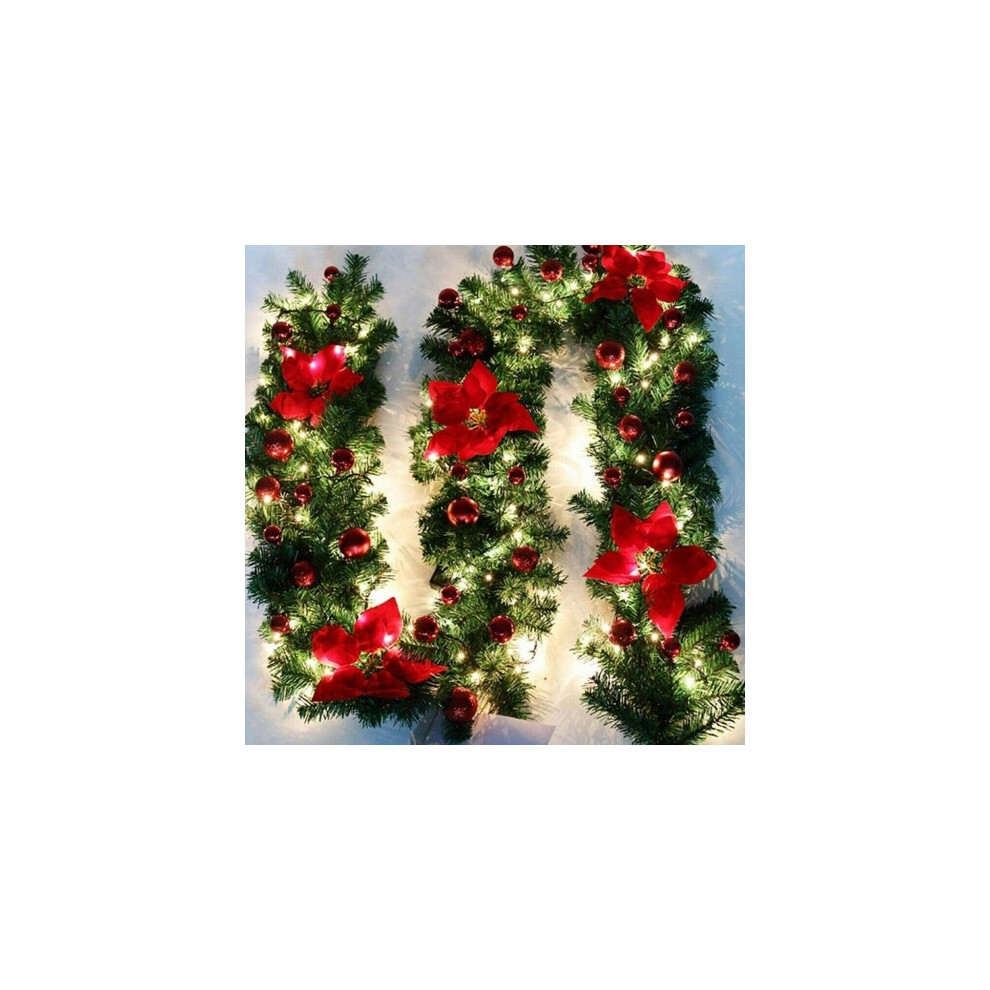 (Red) 9Ft Christmas Garland Led Lights Up Xmas Wreath Fireplace Door Decor Red
