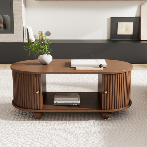 Oak Coffee Table with 2 Sliding Doors & Hidden Storage, 100x50x40cm
