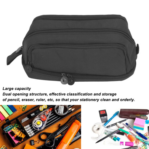 Large Capacity Canvas Dual Opening Pencil Case - Black, Durable, Portable 2