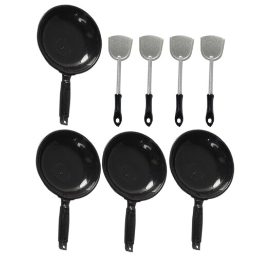 8 Sets Mini Dollhouse Kitchen Gadget Skillet Pan with Spatula 2