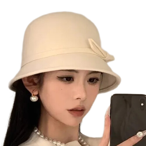 Handmade Woolen Hat Elegant Bowknot Belt Decorated Sun-White
