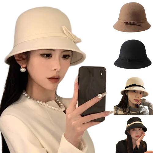 Princess Hepburn Hat with White Bowknot Breathable Audrey-Black 1
